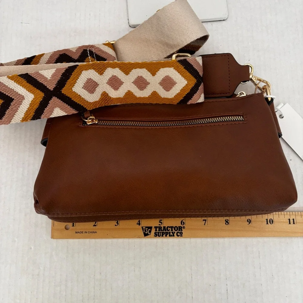 Metro Muse Crossbody Bag‎ Women  Brown Vegan Leather Geometric Guitar Strap NWT